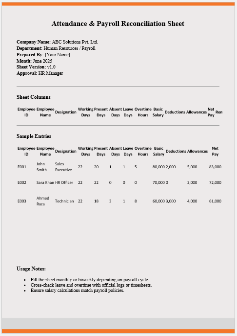 Attendance & Payroll Reconciliation Sheet