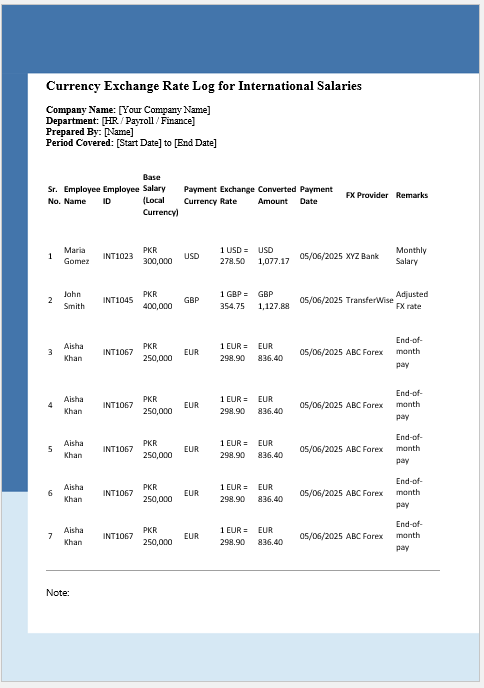 Currency Exchange Rate Log for International Salaries