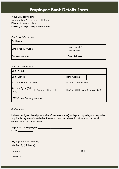 Employee Bank Details Form