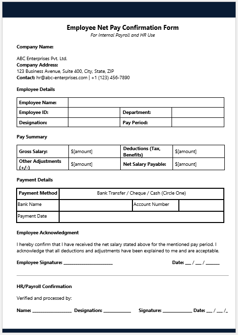 Employee Net Pay Confirmation Form