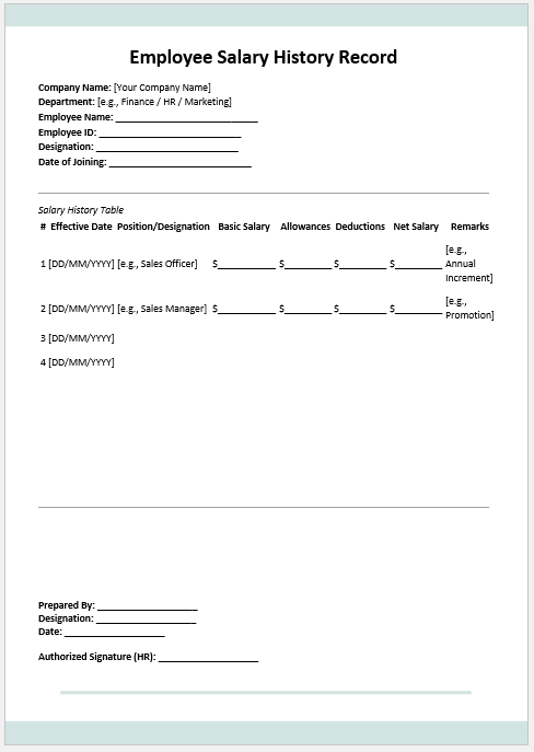 Employee Salary History Record Sheet