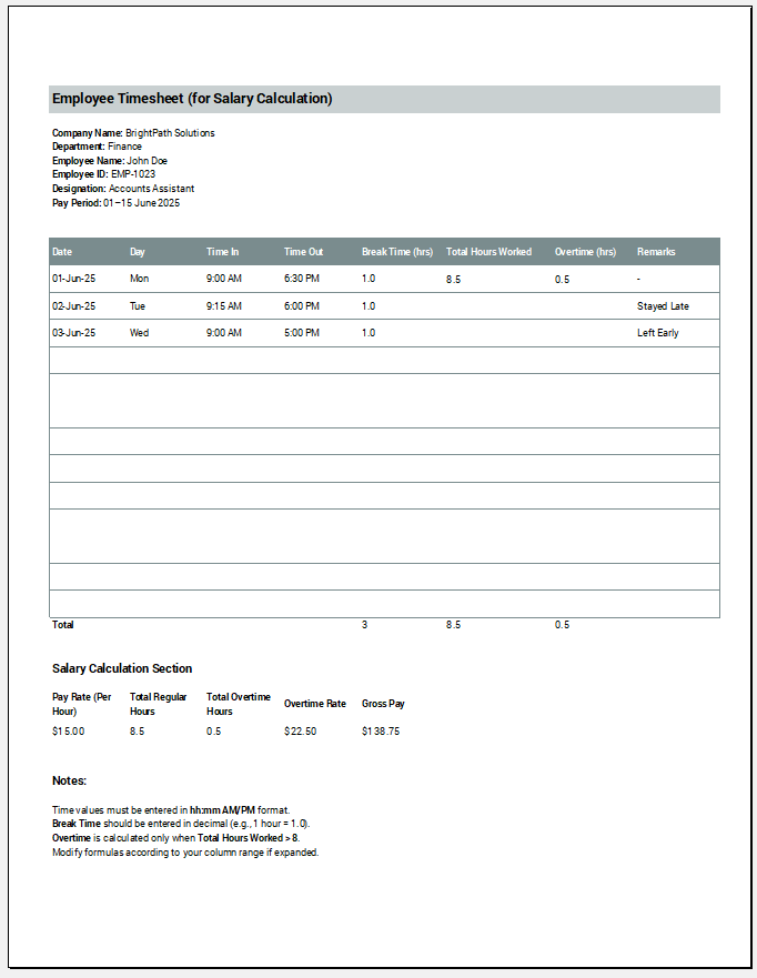 Employee Timesheet (for Salary Calculation)