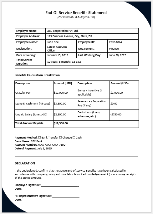 End-of-Service Benefits Statement