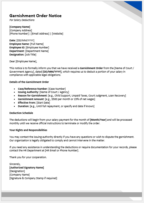 Garnishment Order Notice (for Salary Deductions)