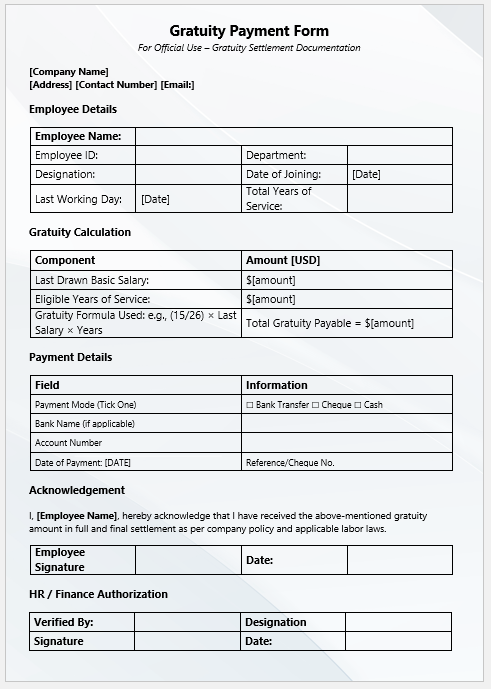 Gratuity Payment Form Template