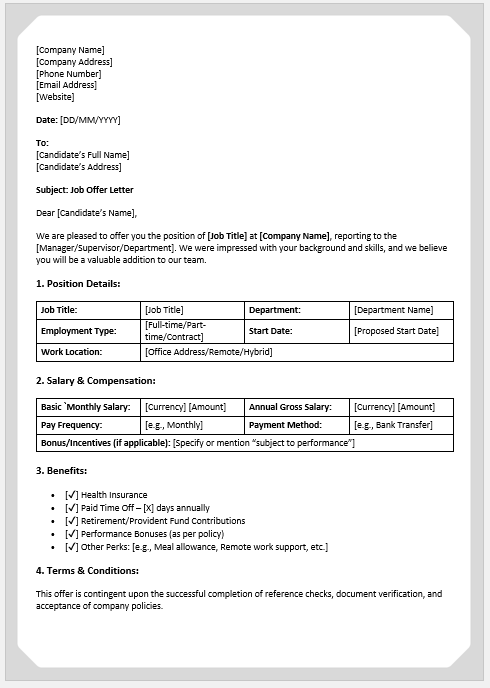 Job Offer Letter with Salary Details
