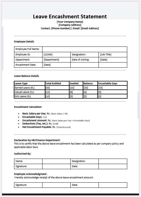 Leave Encashment Statement Template