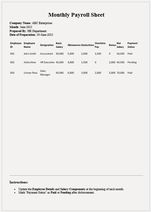 Monthly Payroll Sheet