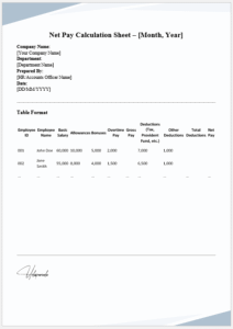 Net Pay Calculation Sheet