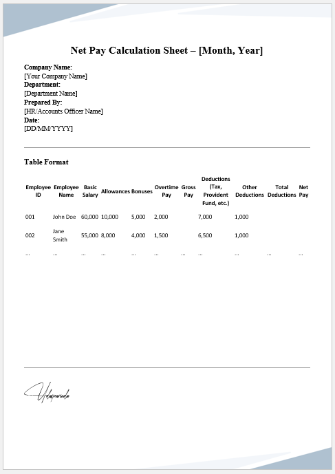 Net Pay Calculation Sheet