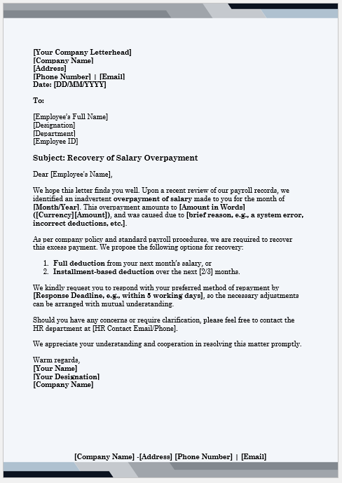 Overpayment Recovery Letter