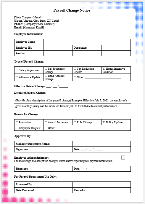 Payroll Change Notice Template