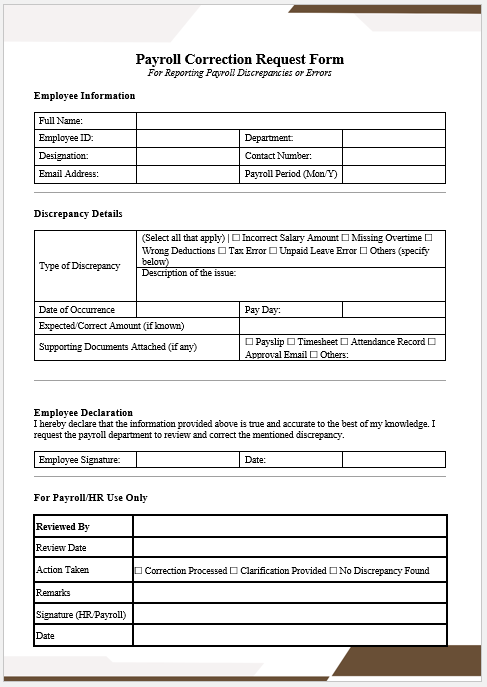 Payroll Correction Request Form