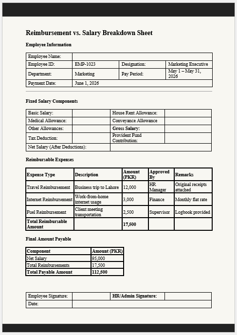 Reimbursement vs. Salary Breakdown Sheet