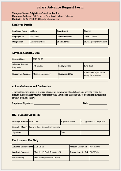 Salary Advance Request Form
