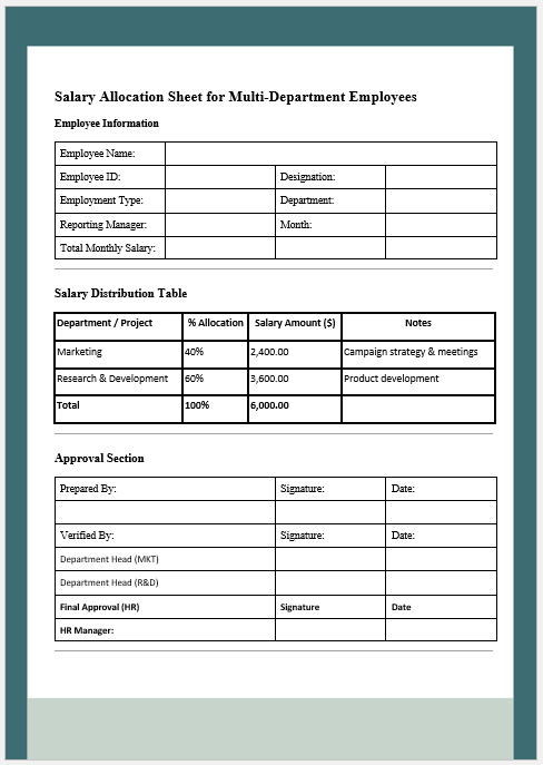 Salary Allocation Sheet for Multi-Department Employees