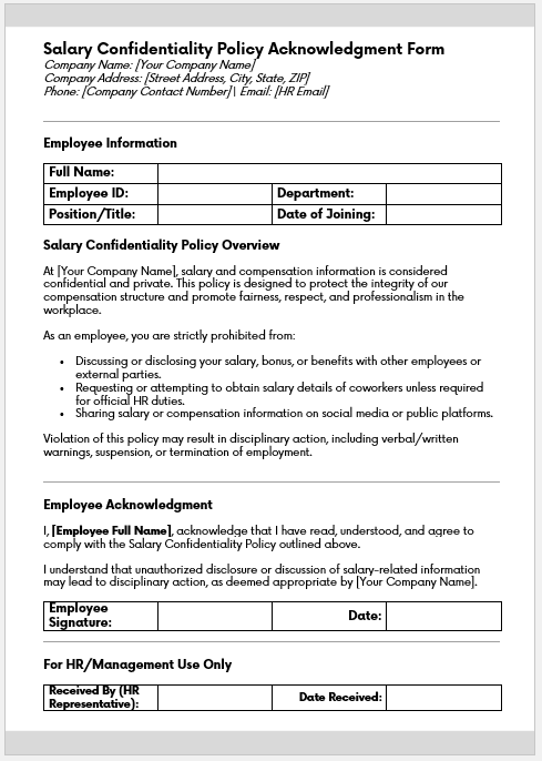 Salary Confidentiality Policy Acknowledgment Form