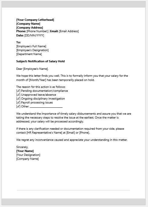 Salary Hold Notification Letter