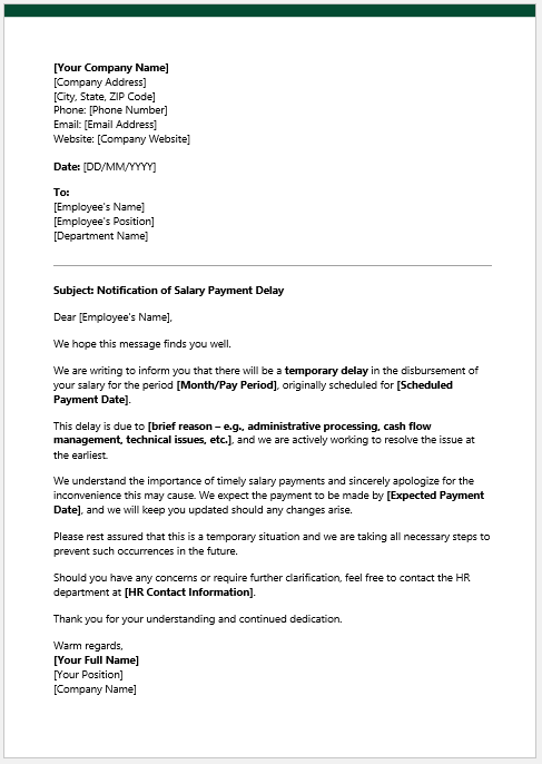 Salary Payment Delay Notification Letter