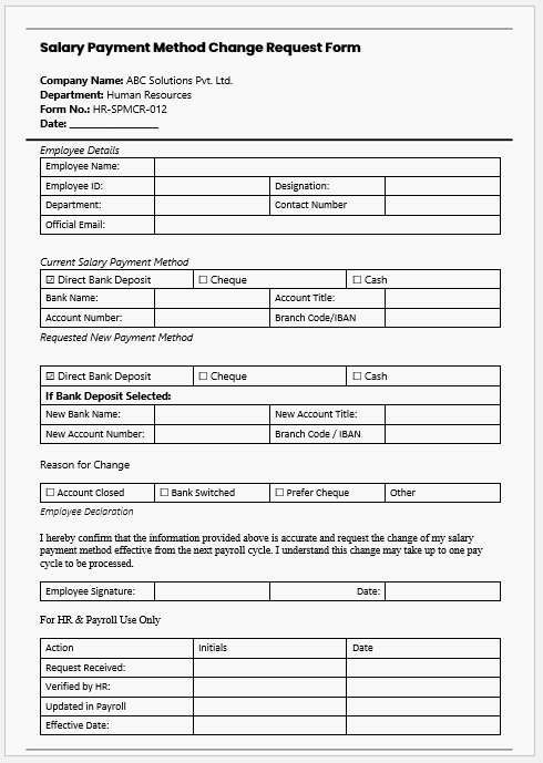 Salary Payment Method Change Request Form