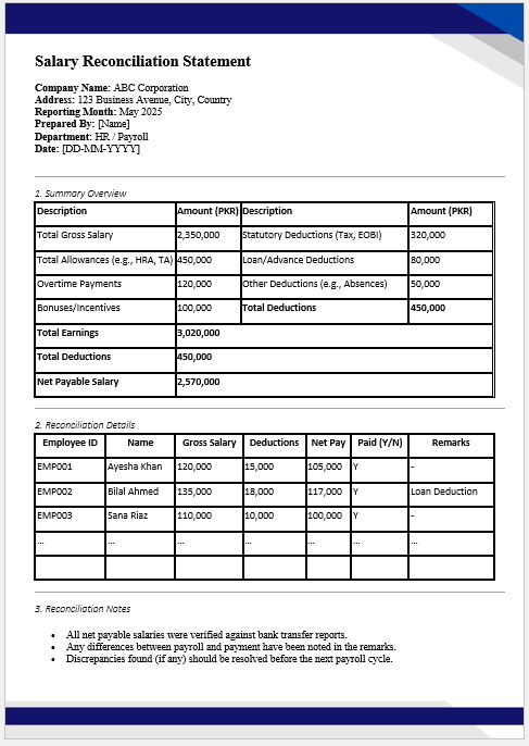 Salary Reconciliation Statement