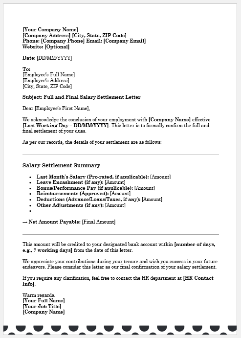 Salary Settlement Letter (Full & Final)