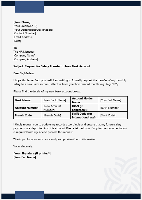 Salary Transfer Request Letter