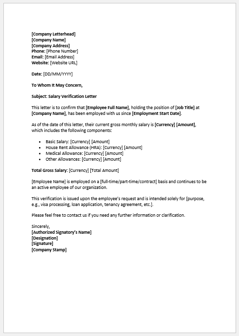 Salary Verification Letter Template