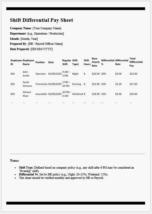 Shift Differential Pay Sheet