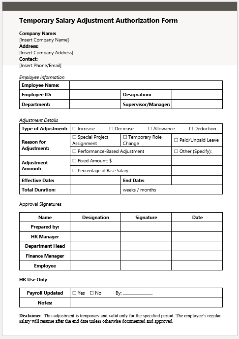 Temporary Salary Adjustment Authorization Form